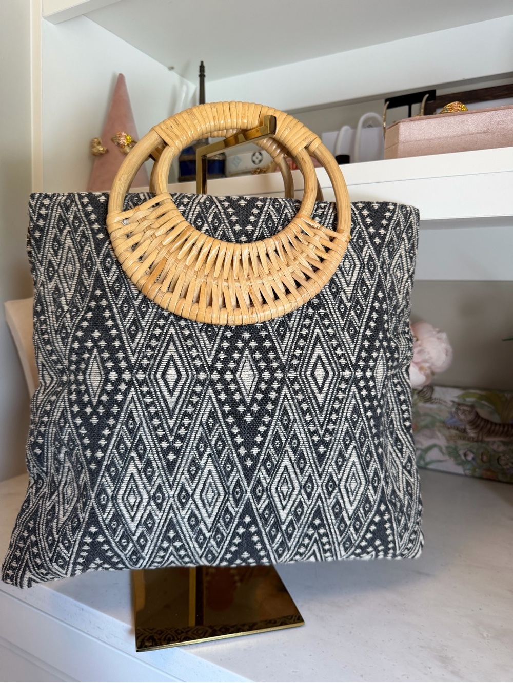 Francesca Collection’s Geometric Black & Cream Hobo Tote w Rattan Handles